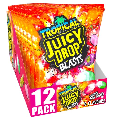 Juicy Drop Blasts Tropical (12 x 140g Bulk Sweets) Chewy Sweet and Sour Kids Sweets for Party Bags 6 Tasty Flavours Individually Wrapped - Halal Sweet and Sour Candy