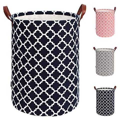 TOTANKI 48L Thickened Large Sized Laundry Basket with Durable Leather Handle Waterproof Inner,Drawstring Round Cotton Linen Collapsible Storage Basket,Dirty Clothes Hamper for Bedroom (Dark Blue, L) Cover