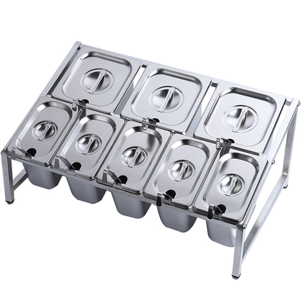 ISCBAFYX Estante para Especias de Acero Inoxidable 304 de 8 sartenes, Estante de Almacenamiento para encimera de 2 Filas con Cuchara y Tapa, Soporte para Mermelada de Cocina Comercial, Plateado