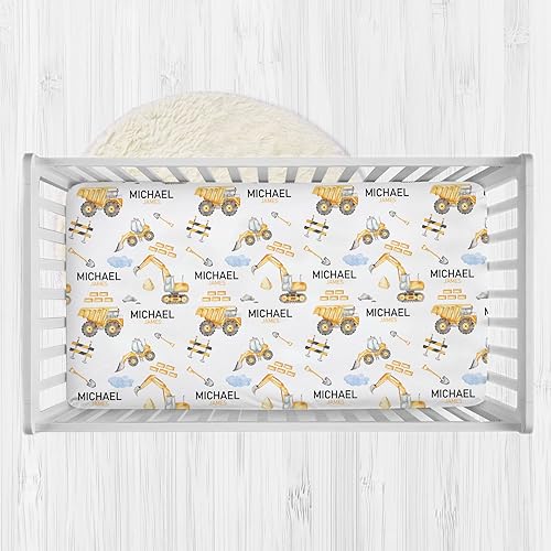 Personalized Baby Crib Sheets for Boys, Custom Fitted Crib Mattress Sheets with Name, Construction Baby Bedding Sheets Sets, Soft Baby Sheets for Standard Crib Toddler Mattresses Sheet