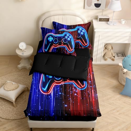 Image of Kids Comforter Set,Zipper Bedding Twin for Teen,Gaming Printed Comforter Set with Fitted Sheets and Pillowcases for All Season(Red-Blue Gamepad Twin)