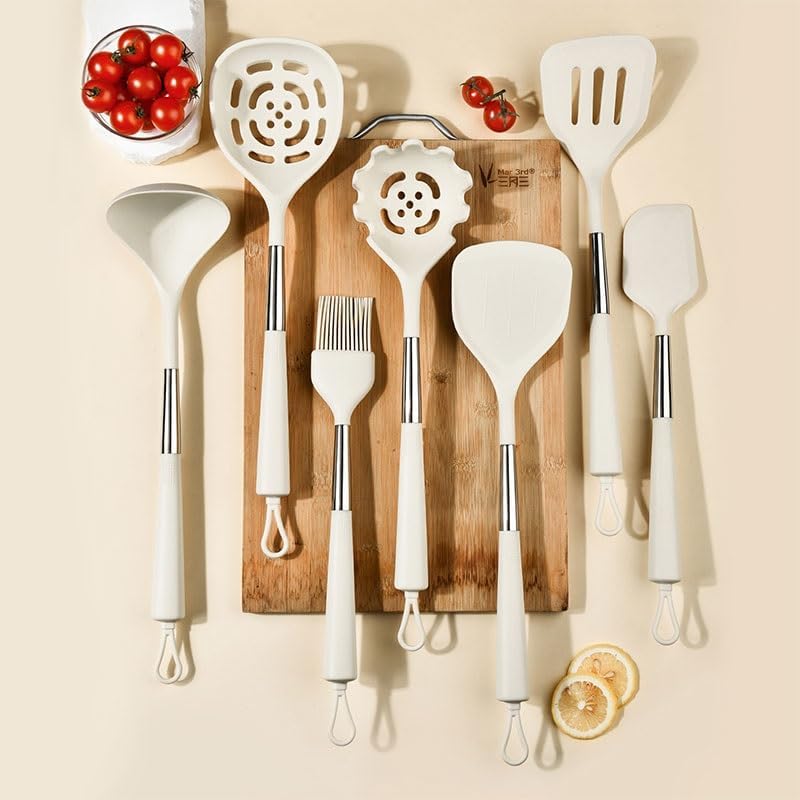 7-piece Set of Stainless Steel Silicone Handle Spatula Spoon Grade Kitchenware Cooking for Scooping Noodles