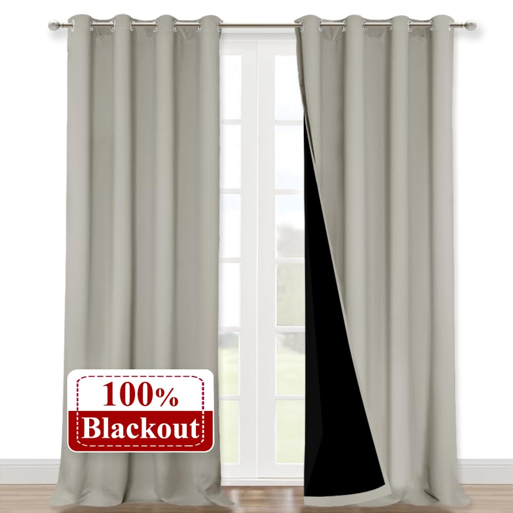 NICETOWN Natural 100% Blackout Curtains for Windows, Pack of 2, 52 inches W x 102 inches L, Super Heavy-Duty Black Lined Total Darkness Drapes for Bedroom, Privacy Assured Window Treatment for Patio