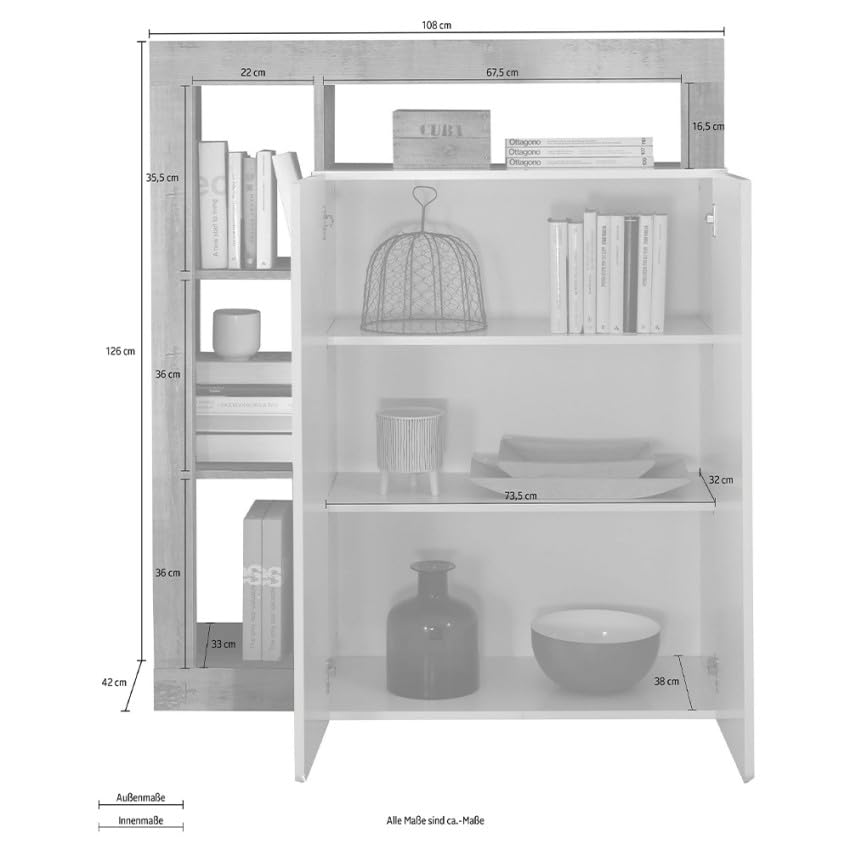 Buffet haut meuble cuisine 2 portes blanc brillant bois noyer Blume MR
