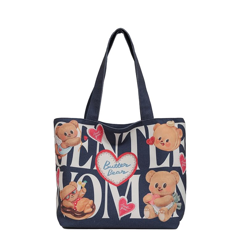 Ocuuer Women Bear Cartoon Carrying Bag de Gran capacidad Purso de hombro Elegante Cierre de la cremallera Bolso de cables de conmutación simple (azul oscuro)
