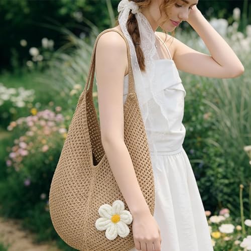 ELESUNCDOU brown crochet tote bag – image 5