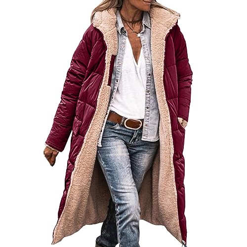 Womens Sherpa Fleece Lined Long Jackets Shearling Reversible Overcoats Winter Puffer Coats Hood Zip Outerwears