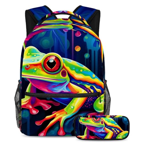 Cartable grenouille colorée grand volume anti-déchirure avec trousse de stylos