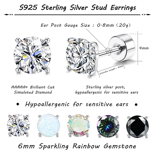 MILACOLATO 5 Pairs 925 Sterling Silver Stud Earrings for Women 20G Flat Back Earrings Helix Cartilage Earrings Cubic Zirconia Opal Earrings Comfort Back Sleep Post Earrings Hypoallergenic2