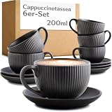 Cosumy Cappuccinotassen Schwarz mit Untertassen   6er Set   200ml   Streifenmuster Keramik   Spülmaschinenfest   Cappuccino Tassen mit Henkel   Matt