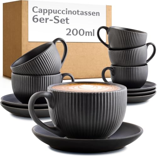 Cosumy Cappuccinotassen Schwarz mit Untertassen - 6er Set - 200ml - Streifenmuster Keramik - Spülmaschinenfest - Cappuccino Tassen mit Henkel - Matt