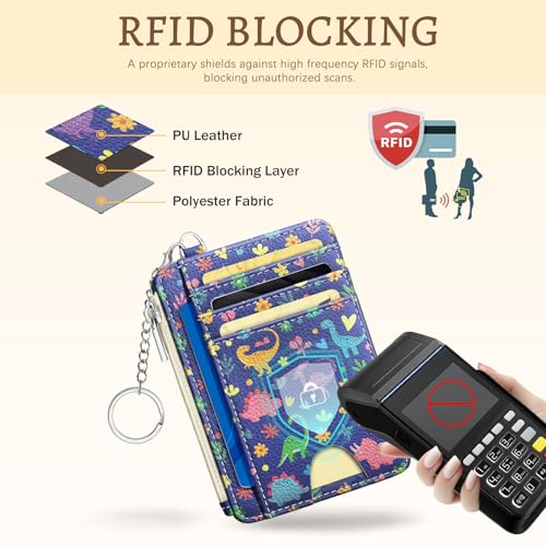 Image of Kelvoris Cute Dinosaur Credit Card Holder, Small Wallet Women, Slim RFID | Keychain, Zipper Coin Pocket, Front Pocket Thin Travel Card Case, Minimalist, 6 Card Slots, 1 ID Window, Ladies Gifts Woman