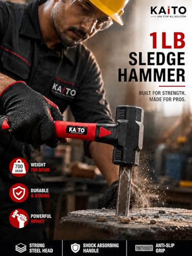 Image of KAITO Sledge Hammer with Fiber Handle | Heavy Duty Forged Steel Head | Anti-Slip Shockproof Grip | Professional Hammer for Construction, Demolition & Carpentry Work (1, 1 LB) 700 Grm | Red & Black