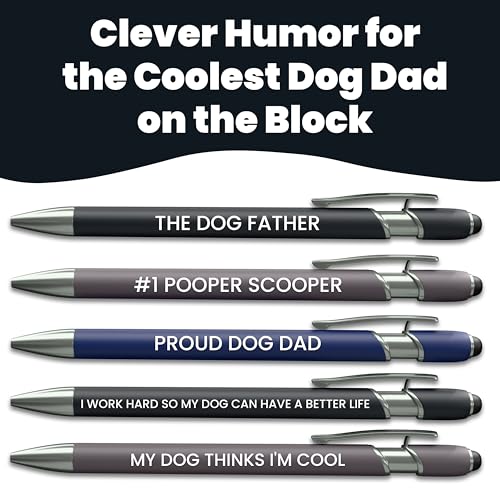 Image of rubyloo Funny Dog Dad Gift Pen Set - 5 Black Ink Ballpoint Pens with Stylus Tip & Quality Metal Barrel with Doggy-Themed Quotes - Cool Dog Dad Gift for Men for Birthday, Father's Day, Vet Tech