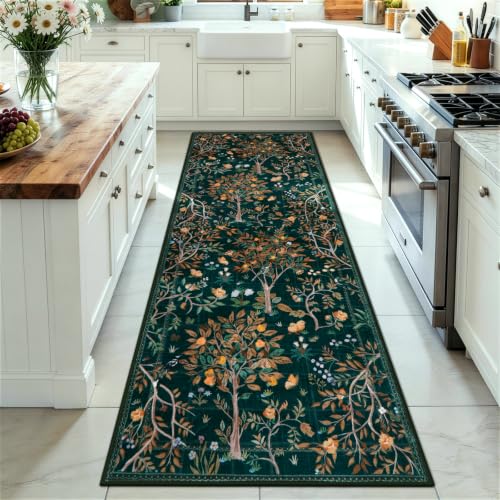 Image of Morebes Boho Floral Rug Runners for Hallways Non Slip, Flower 2.5x8 Kitchen Runner Rug Washable, Soft Botanical Indoor Carpet Floor Runner for Entrance Bedroom Bedside, Dark Green
