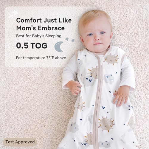 Image of Baby Sleep Sack 12-18 Months 0.5 Tog Wearable Blanket Baby, 3 Pack 100% Cotton Lightweight Sleeping Sack with 2-Way Zipper for Infant Toddler Apricot White Sun Clouds