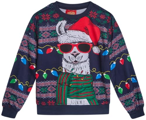 THREADCRAFT Boys Ugly Christmas Sweater - Warm Crewneck Pullover Christmas Sweaters for Boys Size 4 Navy Llama Shades