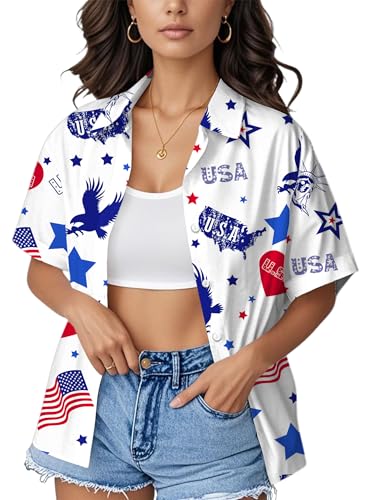 Image of Ithalt 4th of July Hawaiian Shirts Women American Flag Patriotic Short Sleeve Button Down Outfits Summer Vacation Tops