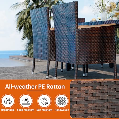Image of Shintenchi 7 PCS Patio Dining Set, Wicker Patio Conversation Set with Wooden Table Top, Outdoor Table and Chairs with Soft Cushions for Backyard, Deck and Garden, Brown Wicker