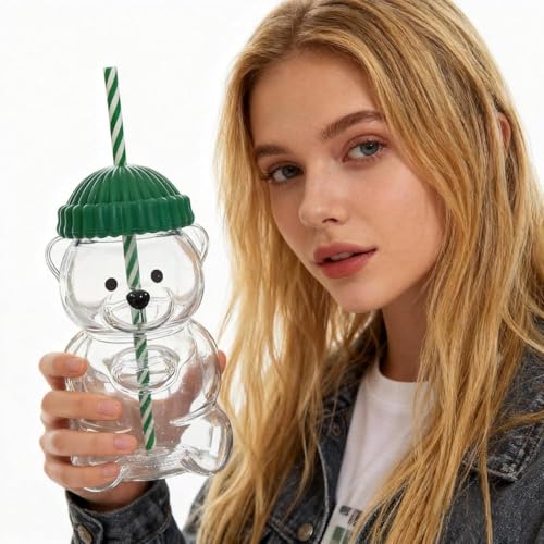Image of New Cute Bear Glass Cup with Straw & Lid | Teddy Bear Shape Glass Mug 600 ml Big Size | Glass Tumbler with Metal Lid & Silicone Cap | Clear Starbuck Coffee Mug | Transparent Drinking Glasses