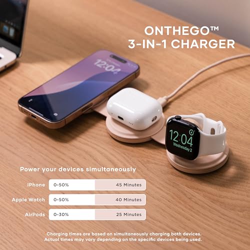 Image of Satechi OntheGo 3 in 1 Wireless Charger, Qi2 Portable Charger with 15W Fast Charging for iPhone 17 to 12 series, 5W for Apple Watch, and 5W for AirPods, Magnetic Travel Charging Station - Desert Rose