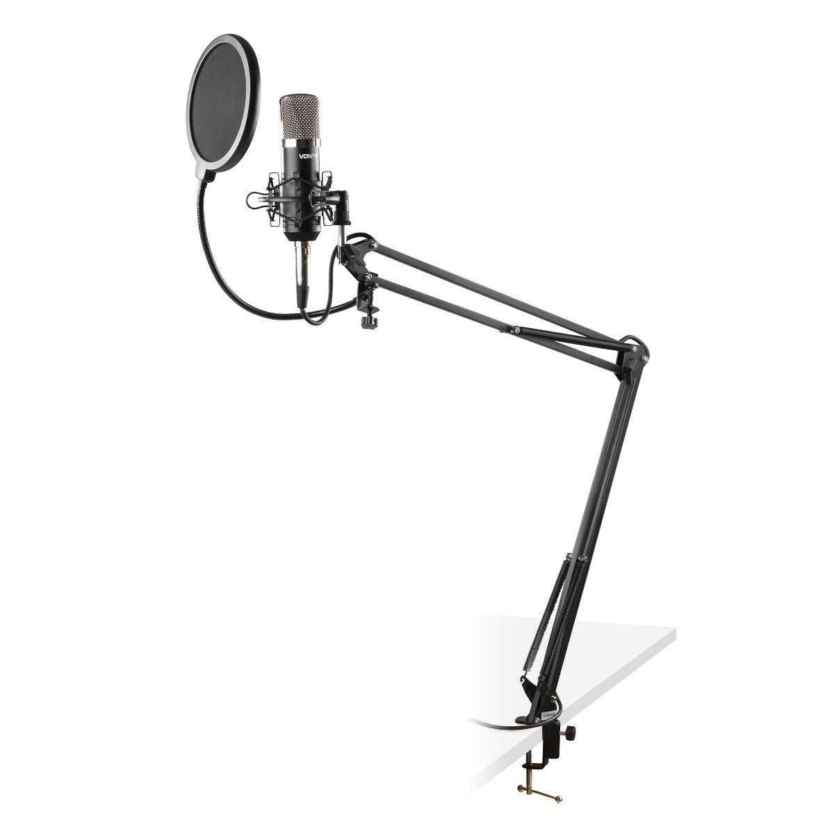 VONYX CMS400 Microphone de Studio Argenté - Ensemble Microphone à Condensateur avec Bras Réglable et Filtre Anti-Pop, Alimentation Fantôme 48 Volts, Connexion Directe à Un Ordinateur (Jack 3,5mm)