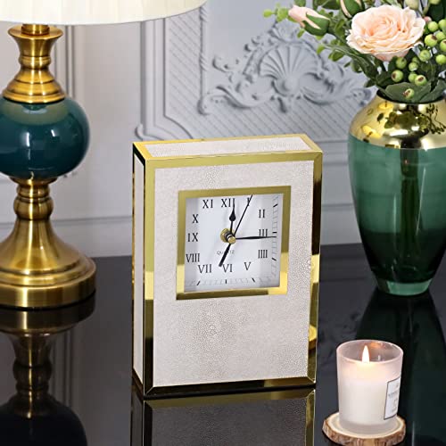 Keznguu Gold Table Clock,Shagreen Leather Mantel Clock For Fireplace,Large Shelf Clock Modern,Non-Ticking Decorative Desk Clock Battery Operated For Mantle Decor,Living Room,Bedroom,Office-Ivory #TOP1