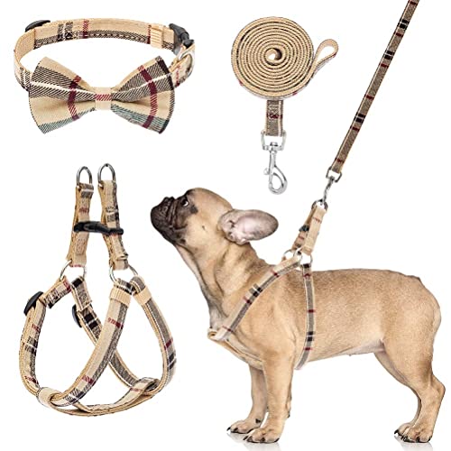 Dog Harness with Leash and Bow Tie Collar Set - Beige Plaid Puppy Harness, Escape Proof Adjustable No Pull Dog Vest for Outdoor Walking, Fit for Small Medium Dogs