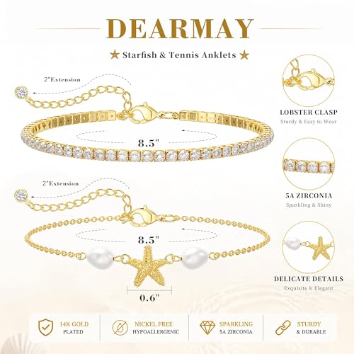 Image of DEARMAY Gold Ankle Bracelets for Women Waterproof, Non Tarnish 14K Gold Plated Beaded Link Chain Anklets, Layered Summer Beach Jewelry Gifts, Dainty Bikini Outfits for Vacation