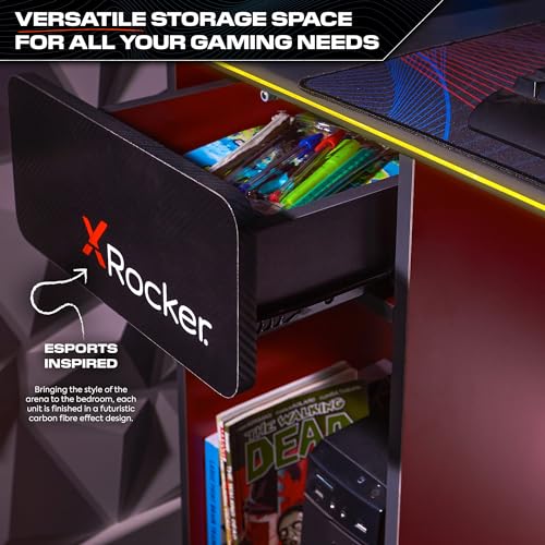 X-Rocker Carbon-Tek Black 123 x 52cm RGB Gaming Desk, Large Gaming Table Top for Laptop, Customisable RGB LED Lighting Strip with Wireless Phone Charge Kids Bedroom - GREY/RED - Image 6