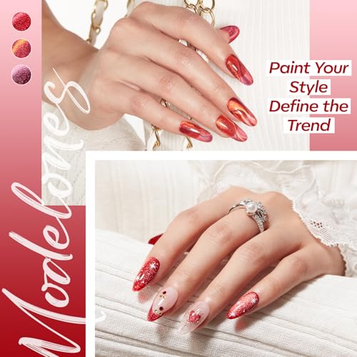 Image of modelones Cat Eye Gel Nail Polish, 6 Colors Red Glitter Burgundy Ruby Sparkle Shimmer Gel Polish Set with Magnet Nail Gel Polish Kit Soak Off Led Nail Art Manicure Salon DIY Gifts