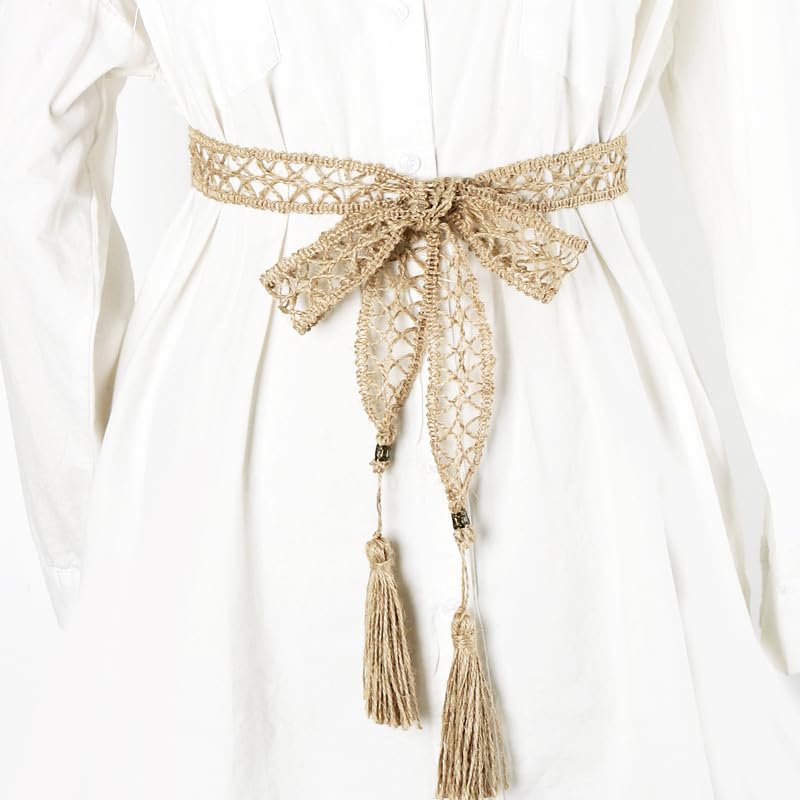 Retro cotton and linen woven waistband for women, Bohemian hollow tassel waist chain decorative skirt belt2