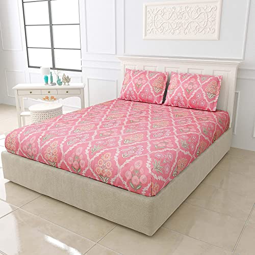 Image of DECOMIZER Glace Cotton King Size AC Comforter - Blanket & Duvet with 1 King Size Elastic Fitted Bedsheet 72 inchX78 inch & 2 Pillow Covers - 4 Piece Comforter Set - Pink Jaipuri-300 TC Super Soft