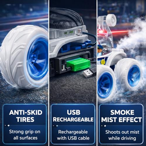 Image of SMART BOY Remote Control Police Car Toy with Mist Fog Effect, 360 Rotation 4WD Stunt RC Car, Anti Skid Rubber Tires, Rechargeable Smoke Racing Car with LED Lights for Kids Boys Girls Age 4+ 8844 PO