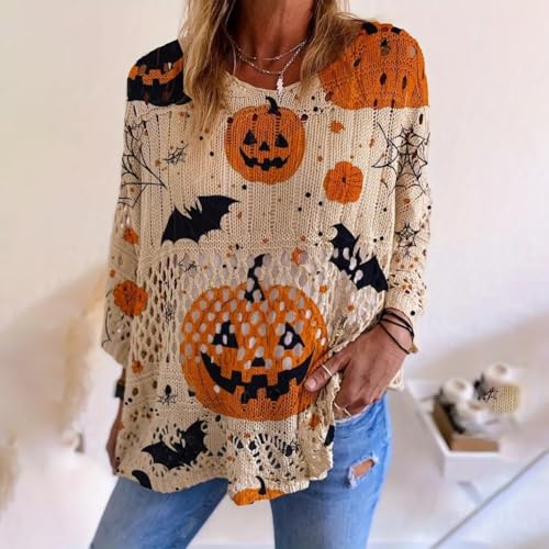 Witchy Cozy Vibes – Halloween Pumpkin Knit Sweater, Women Long Sleeve Top Cover-Up with Bat & Pumpkin Print3