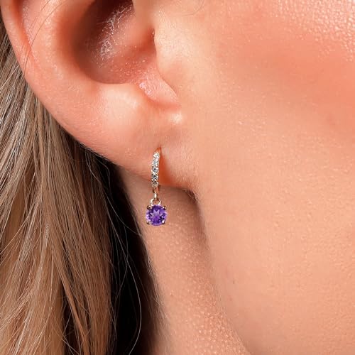 Gem Stone King 10K Yellow Gold Gemstone Birthstone and White Lab Grown Diamond Dangle Drop Huggie Hoop Earrings | Round 4MM | Gold Earrings For Women4