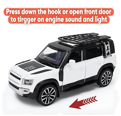 Image of 1:32 Scale Land Rover Defender Model Car - Exclusive Alloy Metal Pullback Toy with Openable Doors, Lights, and Music for Kids (Green Colour)