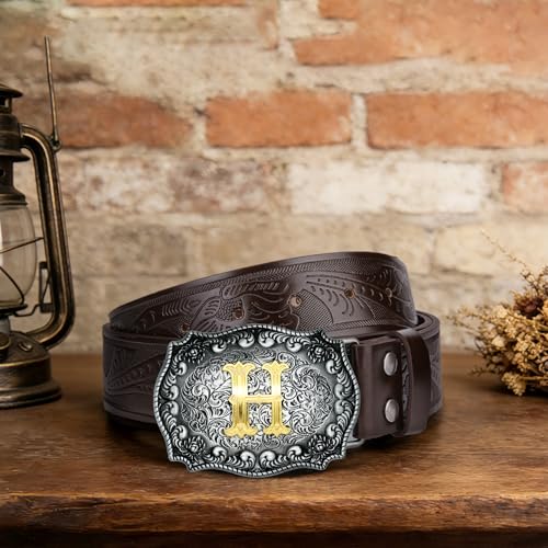 Image of Mens Western Cowboy Cowgirl Faux Leather Belt Longhorn Bull Pattern Letter Big Buckle Embossed Floral Belts