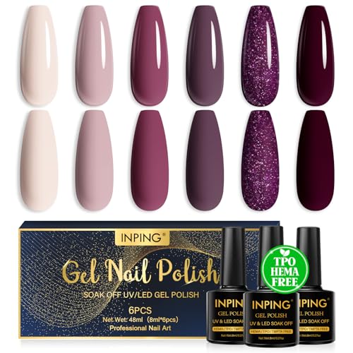 INPING Pintauñas Semipermanentes HEMA-FREE TPO-FREE, 6 Colore Nude Morado Oscuro Morado Glitter Púrpura Kit Pintauñas Semipermanentes Uñas de Gel UV LED,8 ML