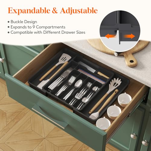 Image of Lifewit Expandable Silverware Drawer Organizer, Kitchen Utensil Tray | BPA-free Plastic Flatware Cutlery Holder, Space-Saving Storage for Spoons Forks Knives, 11.8-19.6 x 15 inch, Black