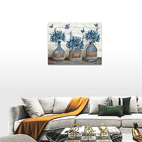 Farmhouse Bathroom Decor Wall Art Blue Hydrangea Bathroom Pictures For Wall Rustic Country Bathroom Canvas Prints Bathroom Sign Artwork Modern Home Decor For Bathroom Framed Ready To Hang 12"X16" #TOP2