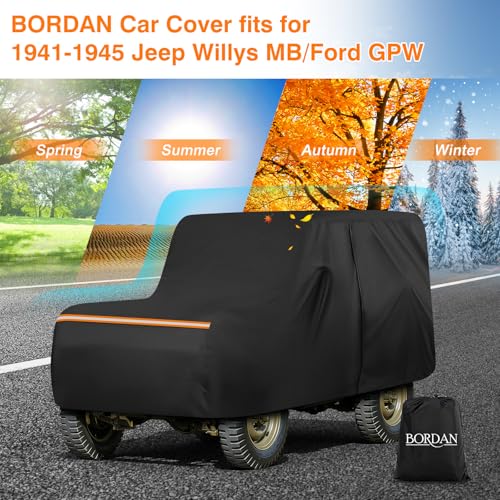 Image of Custom Fit Waterproof Car Cover for Jeep Willys MB & Ford GPW 1941-1945, 420D Oxford All Weather Protection Classic Car Covers with Reflective Strips, Zipper Door, Windproof Straps & Storage Bag