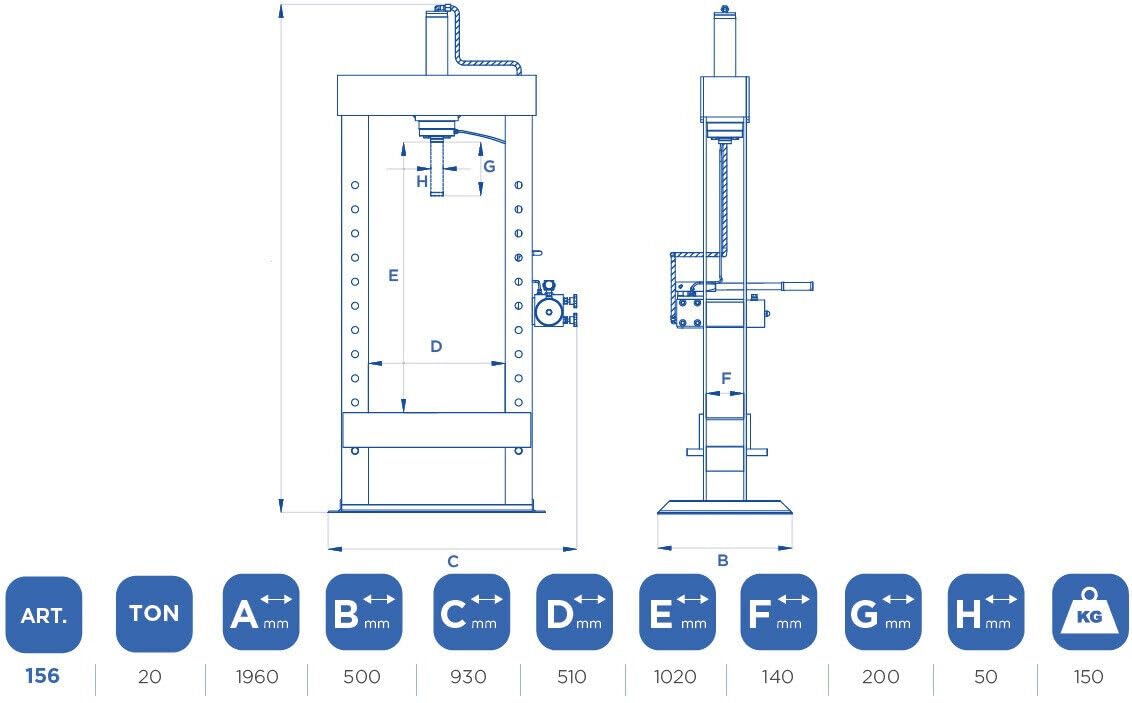 PRESSA IDRAULICA 20 TONNELLATE CATOCCI MACCHINE CON CLINDRO MOBILE POMPA A DOPPIA VELOCITA' PIATTO CACCIASPINE E COPPIA DI PRISMI A V BLU