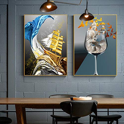 Affiches or abstrait bateau dans la tasse de vin pour chambre chic