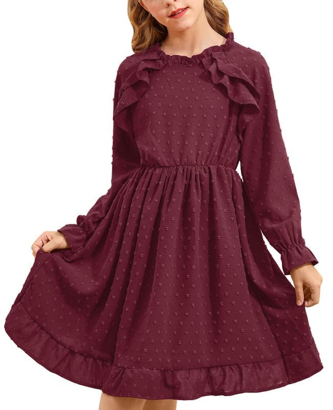BesserBay Fall Girls Ruffle Trim Long Sleeve Swiss Dot Ruffle Collar Midi Dress 4-14 Years2