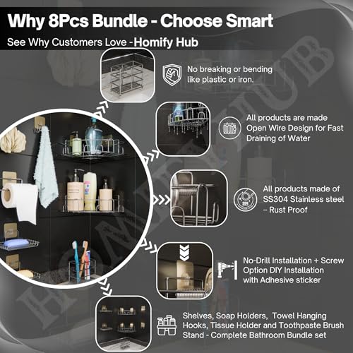 Image of 8 Pcs Bathroom Organiser Without Drill | Self Adhesive Wall Shelf Organizer & Soap Stand for Kitchen Bathroom | Toothbrush & Shampoo Holder R Corner Shelf (Silver)