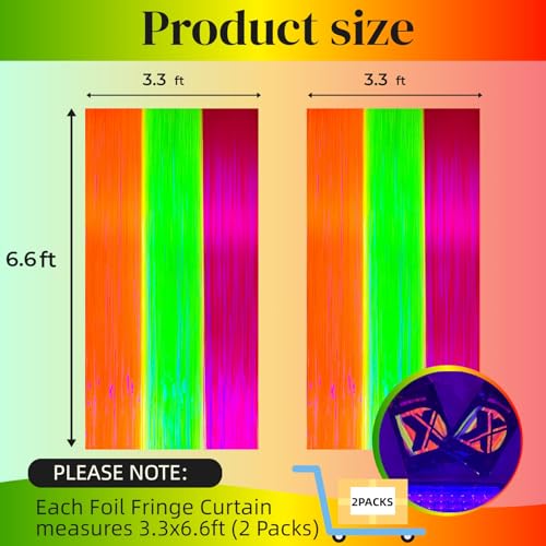 Image of Aduck Glow in The Dark Party Supplies, Neon Party Decorations Foil Fringe Curtains with Tinsel Backdrop(2-Pack), Fluorescent Yellow /Orange /Pink Streamers for Photo Booth Birthday Decorations-6.6x6.6ft