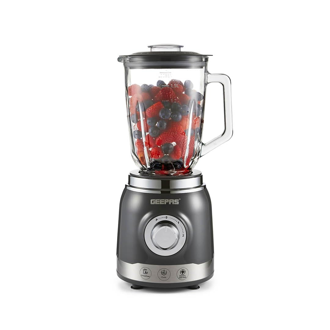 Geepas Electric Blender Smoothie Maker, 700W | Glass Jug Blender with Ice Crusher Stainless Steel Blades | 2 Speed Control with Pulse Function| 1.5L Glass Jar | Smoothie Milkshake Maker, Grey