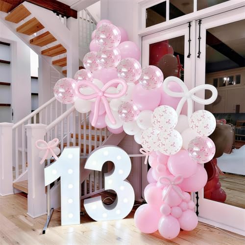 Image of Pink Bow Balloons, 62Pcs Pastel Light Pink Clear White Bow Latex Balloons, 12Inch Transparent Bowknot Print Helium Balloon for Girls Women Princess Coquette Birthday Wedding Bridal Baby Shower Party