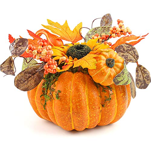 FUTUREPLUSX Artificial Pumpkins, 8.5inch Fake Vegetables Ornament Fall Maple Leaf Berry Sun Flower Set for Harvest Halloween Thanksgiving Day Decorations